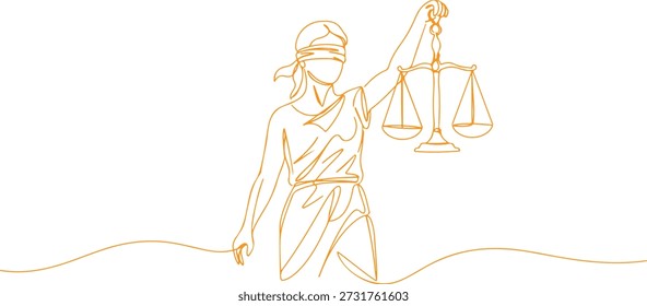Una línea continua de una figura con los ojos vendados sosteniendo escalas, arte de la ley y la justicia, dibujó Ilustración vectorial.