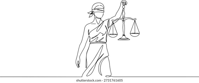 Una línea continua de una figura con los ojos vendados sosteniendo escalas, arte de la ley y la justicia, dibujó Ilustración vectorial.