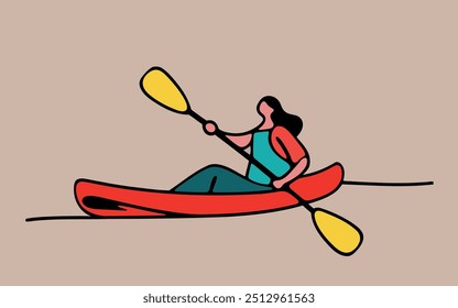 Continuous one line body positive people kayaking in positive mood. vector images, typography