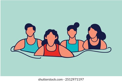 Continuous one line body positive people swimming in a positive mood. vector images