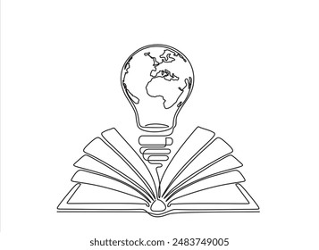 Continuous One line book drawing with world Map and light bulb outline vector art illustration world book day concept design.