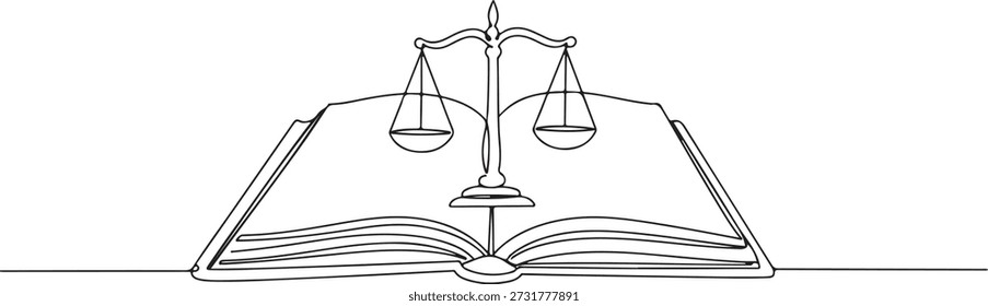 Una línea continua de un libro de derecho con un ícono de escala, arte de la ley y la justicia, dibujó Ilustración vectorial.