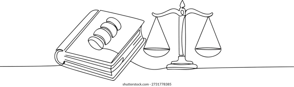 Una línea continua de un libro de derecho con un ícono de escala, arte de la ley y la justicia, dibujó Ilustración vectorial.