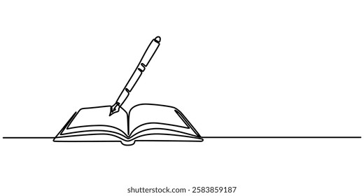 Continuous One line book with pen drawing outline vector illustration and world book day concept design. Education study and knowledge library concept in simple linear style, one line pro and white.