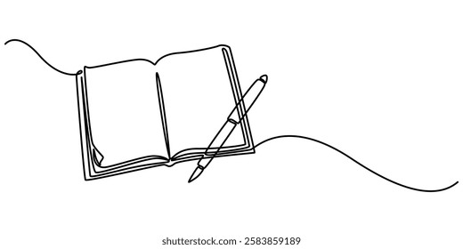 Continuous One line book with pen drawing outline vector illustration and world book day concept design. Education study and knowledge library concept in simple linear style, one line pro and white.