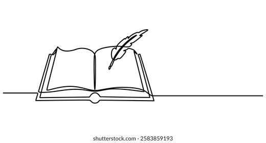 Continuous One line book with pen drawing outline vector illustration and world book day concept design. Education study and knowledge library concept in simple linear style, one line pro and white.