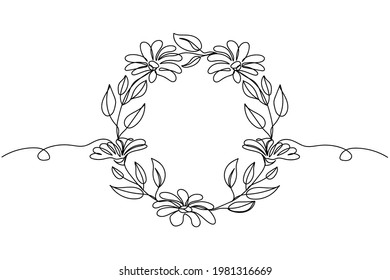 Continuous one line of botanical flower wreath in silhouette. Linear stylized.Minimalist.