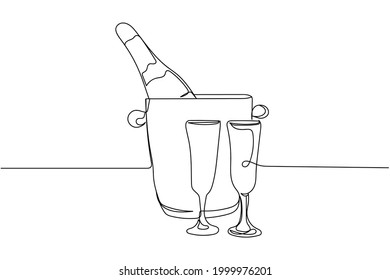 Continuous one line of bottle of champagne in bucket and glasses of champagne in christmas style in silhouette on a white background. Linear stylized.Minimalist.