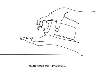 Continuous one line of bottle cream with dispenser beauty in hands in silhouette on a white background. Linear stylized.Minimalist. Cosmetics
