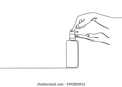 Continuous one line of bottle cream with dispenser beauty in hands in silhouette on a white background. Linear stylized.Minimalist. Cosmetics