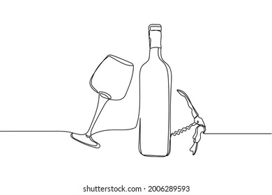 Continua línea de botella de vino y copa de vino vacío con silueta sobre fondo blanco. Linear estilizado.Minimalista.