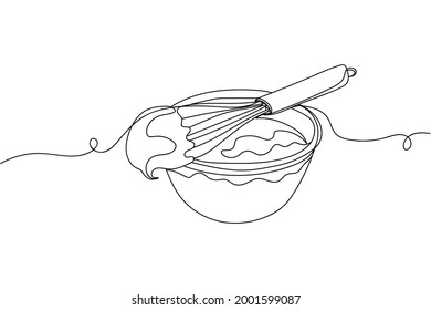 Continuous one line of bowl of whipped egg whites in silhouette on a white background. Linear stylized.Minimalist.