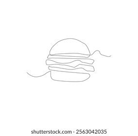 Continuous one line burger. Cheese hamburger in minimalist style. Hand drawn vector art.