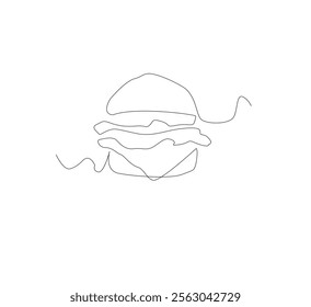 Continuous one line burger. Cheese hamburger in minimalist style. Illustrator vector art.