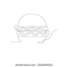 Continuous one line burger. Cheese hamburger in minimalist style. Illustrator vector art.