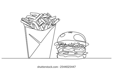 Burger e batatas fritas contínuas de uma linha para ilustração vetorial.Conceito fast food, comida, restaurante, negócios de alimentos