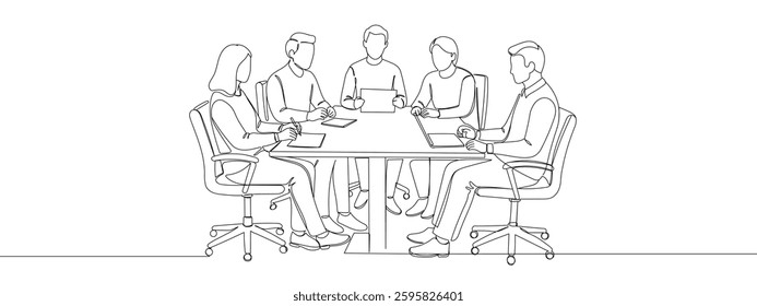 Continuous one line Business illustration Group of people at a meeting table with documents and laptops on the table line art vector illustration with transparent background.