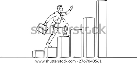 Continuous one line of a businessman climbing bar graph steps upward, representing career growth, achievement, and success, style hand drawing vector illustration.