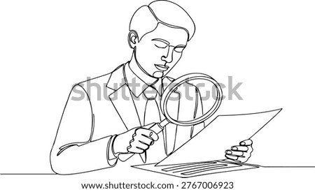 Continuous one line of a businessperson holding magnifying glass over document, representing auditing, inspection, and attention to detail, style hand drawn vector illustration.