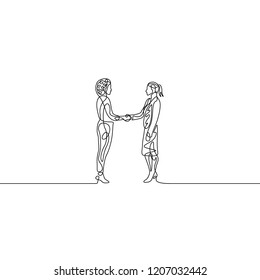 Continuous one line businesswomans handshaking. Agreement concept