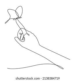 Continuous one line butterfly on finger. Hand drawing on white isolated background. Vector illustration