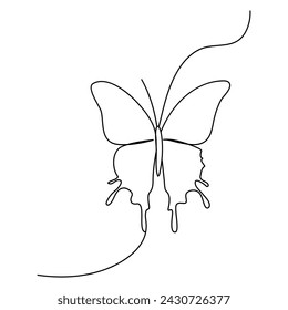 Continuous one line butterfly outline vector isolated on white background. Vector Illustration