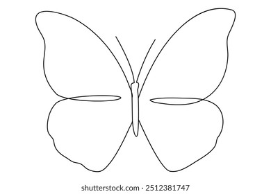 Continuous one line butterfly outline vector isolated on white background. Vector Illustration