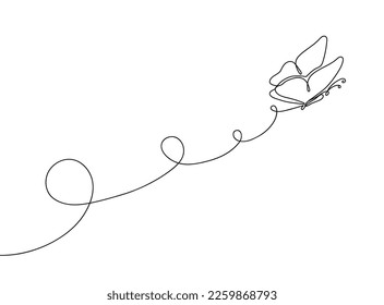 Continuous one line butterfly route. Fluttering moth, nature beauty minimalist botanical hand drawn flying insect vector illustration. Beautiful delicate bug with wings leaving trace outline