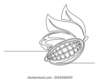 Continuous one line cacao beans branch with leaves isolated on white background. Simple vegetable silhouette. Hand drawn cacao beans branch outline. Vector illustration