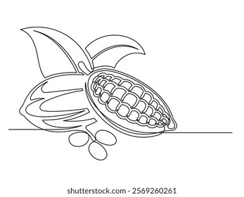 Continuous one line cacao beans branch with leaves isolated on white background. Simple vegetable silhouette. Hand drawn cacao beans branch outline. Vector illustration