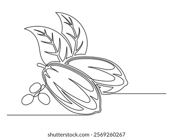 Continuous one line cacao beans branch with leaves isolated on white background. Simple vegetable silhouette. Hand drawn cacao beans branch outline. Vector illustration