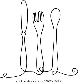 Continuous One Line Cafe Logo - Flat Drawn Cutlery Design - Table-Knife, Fork and Spoon
