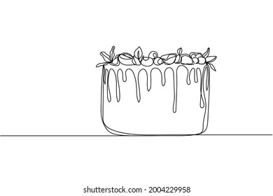 Continuous one line of cake for birthday ​concept in silhouette on a white background. Linear stylized.Minimalist
