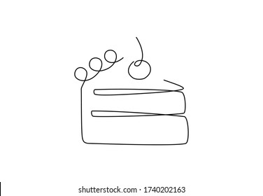 Continuous one line cake with cherry. Hand drawing art dessert theme with linear piece of cake for logo isolated on white background. Simple sketch design. Vector illustration