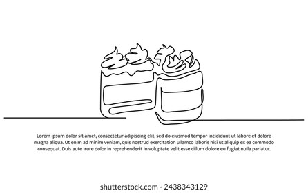 Continuous one line cake that has been cut. Minimalist style vector illustration on white background.