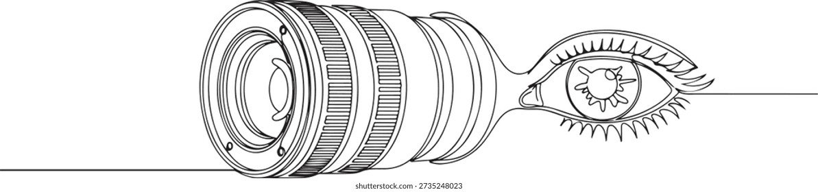 Continuous one line of a camera lens transforming into an eye, perception and vision, drawn illustration.