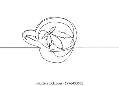 Kontinuierlich eine Zeile Cannabis Kräutertee in Silhouette auf weißem Hintergrund. Linear stylisiert.Minimalist. 