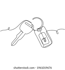 Continuous one line of car key and alarm system chime in silhouette. Minimal style. Perfect for cards, party invitations, posters, stickers, clothing. Black abstract icon.