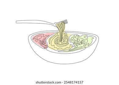 Continuous one line cartoon doodle hand drawn of Noodles, dessert, or spaghetti with fork isolated on white background, Editable stroke