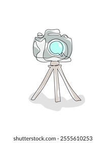 Continuous one line cartoon doodle hand drawn of a professional retro camera on a tripod isolated on white background,Colour in, Vector illustration, Editable stroke