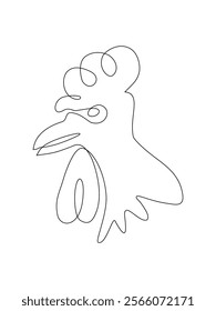 Continuous one line cartoon doodle hand drawn of chicken head isolated on white background, vector illustration, Editable stroke