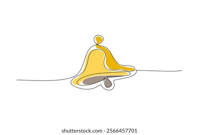 Continuous one line cartoon doodle hand drawn of yellow bell, Simply golden bell icon isolated on white background, Vector illustration, colors in, Editable stroke