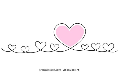 Continuous one line cartoon doodle hand drawn of hearts, Big pink heart among small hearts , love concept illustration, Valentine's Day, feelings, only you, Vector design, Editable stroke