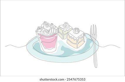 Continuous one line cartoon hand drawn of dish featuring cakes cupcakes and fork isolated on white background, vector illustration, Editable stroke