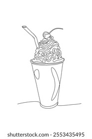 Continuous one line cartoon hand drawn of a glass of smoothy drinks,   beverage with whipped cream topping  isolated on white background, Vector illustration, Editable stroke