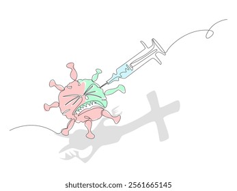 Continuous one line cartoon hand drawn of The syringe sticks into the virus cell, Defeating the Virus: A One-Line Battle, The Vaccine's Light Against the Shadow of the Virus, Vector illustration