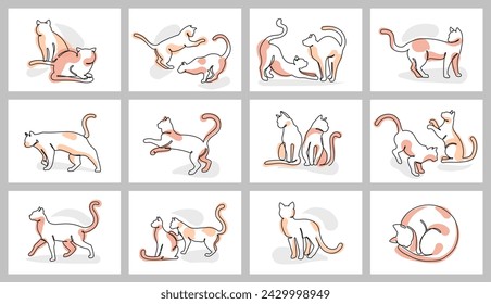 Continuous one line cat posters. Cute cats playing, grooming, stretching and lounging. Minimal feline and kittens for pet designs vector illustration set. Adorable domestic characters