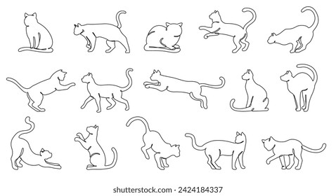 Continuous one line cats. Minimalist feline outlines, various cat poses and kitten activities hand drawn vector illustration set. Domestic animals in different positions jumping, playing