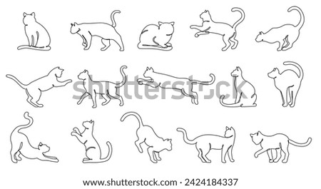 Continuous one line cats. Minimalist feline outlines, various cat poses and kitten activities hand drawn vector illustration set. Domestic animals in different positions jumping, playing