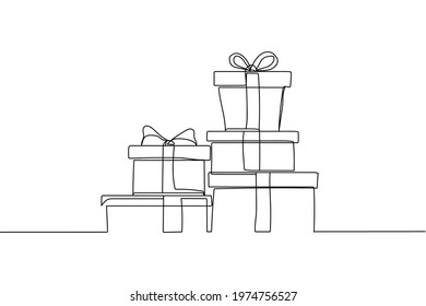 Continuous one line of celebration gifts with ribbon in silhouette. Linear stylized. Minimalist.